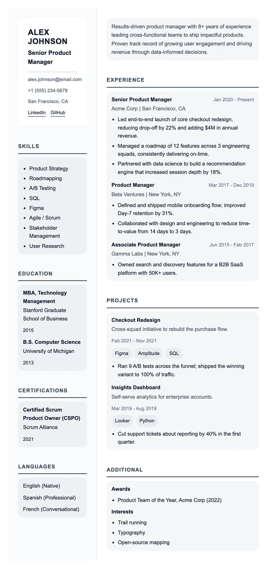Aldine resume template, shown full size