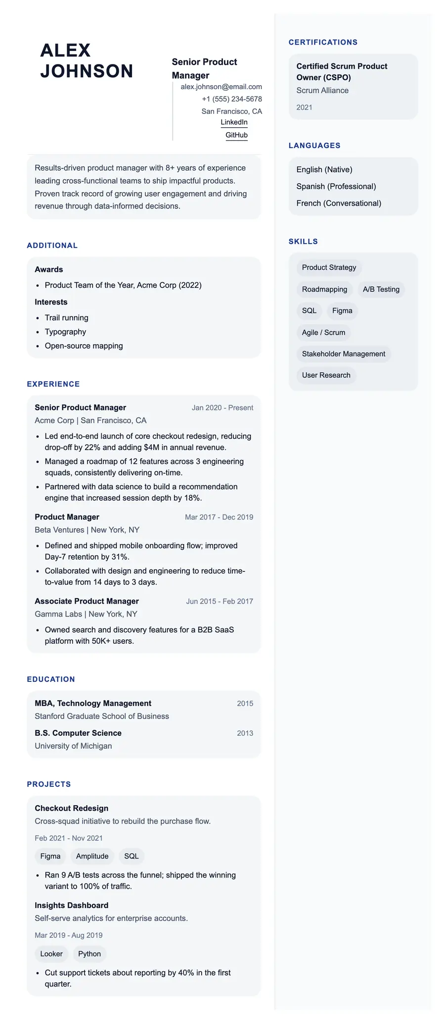 Antiqua resume template, shown full size