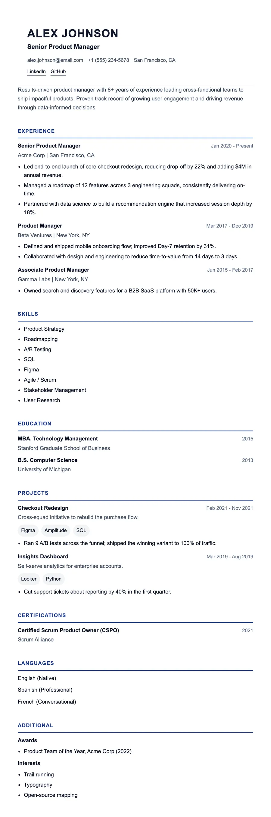 Axiom resume template, shown full size