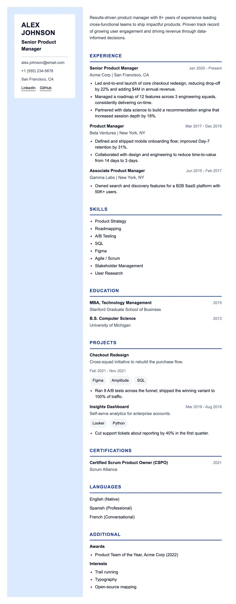Blueprint resume template, shown full size