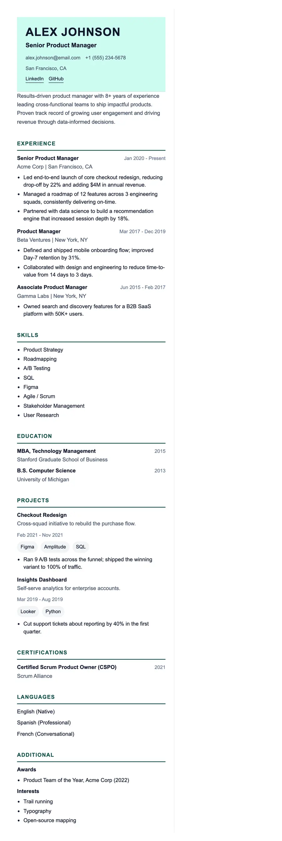Canvas resume template, shown full size