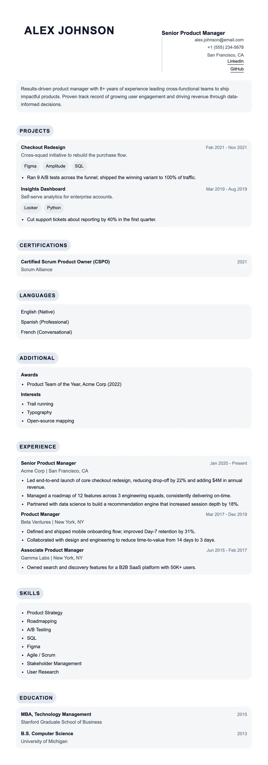 Chromatic resume template, shown full size