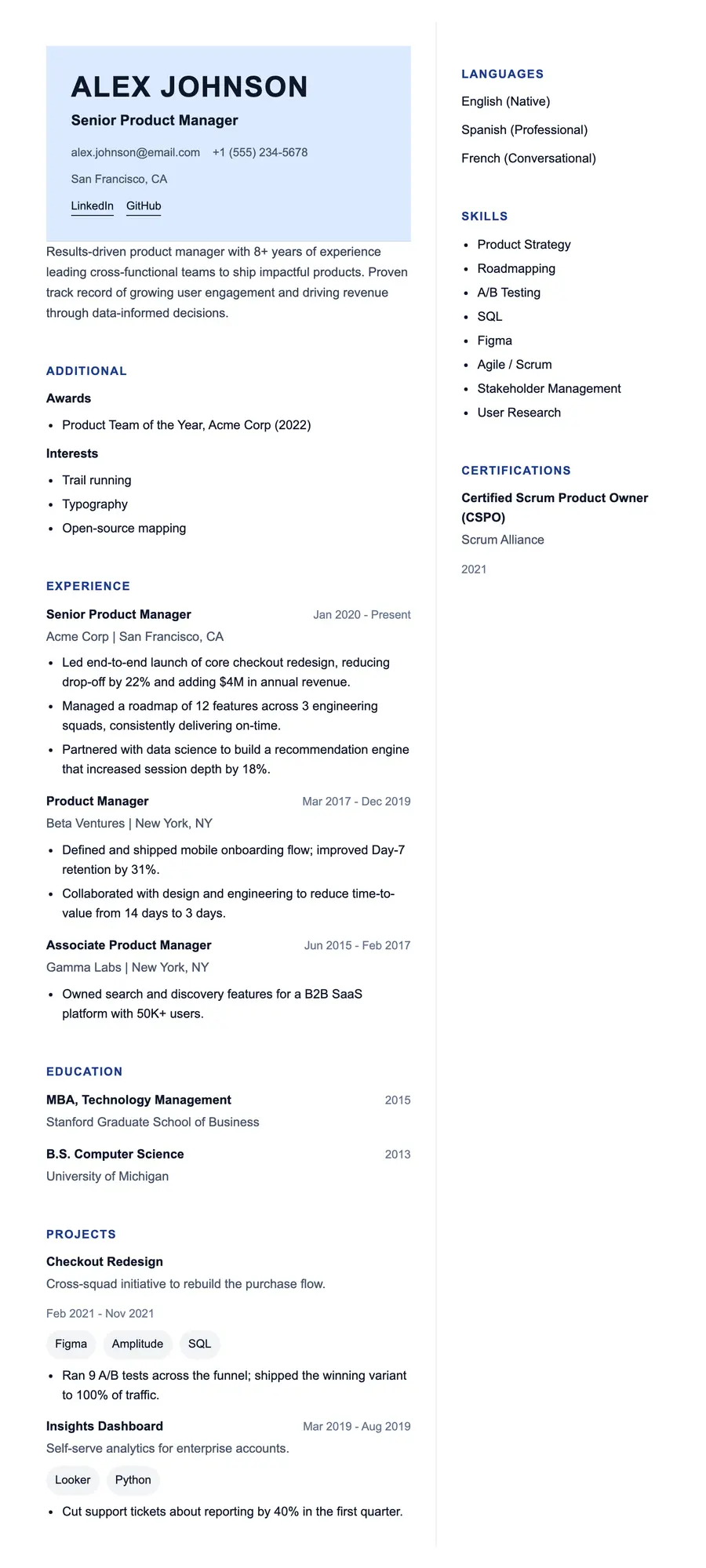 Current resume template, shown full size