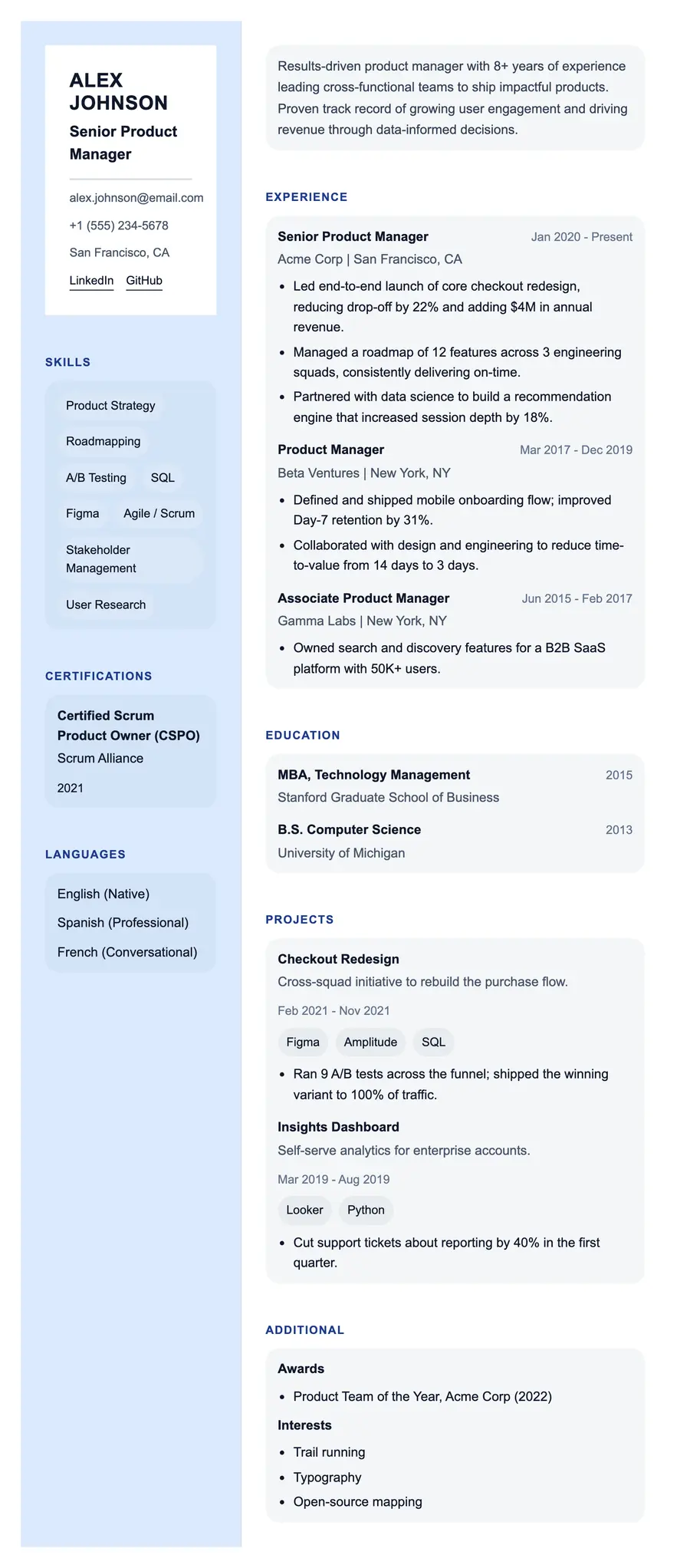 Debug resume template, shown full size