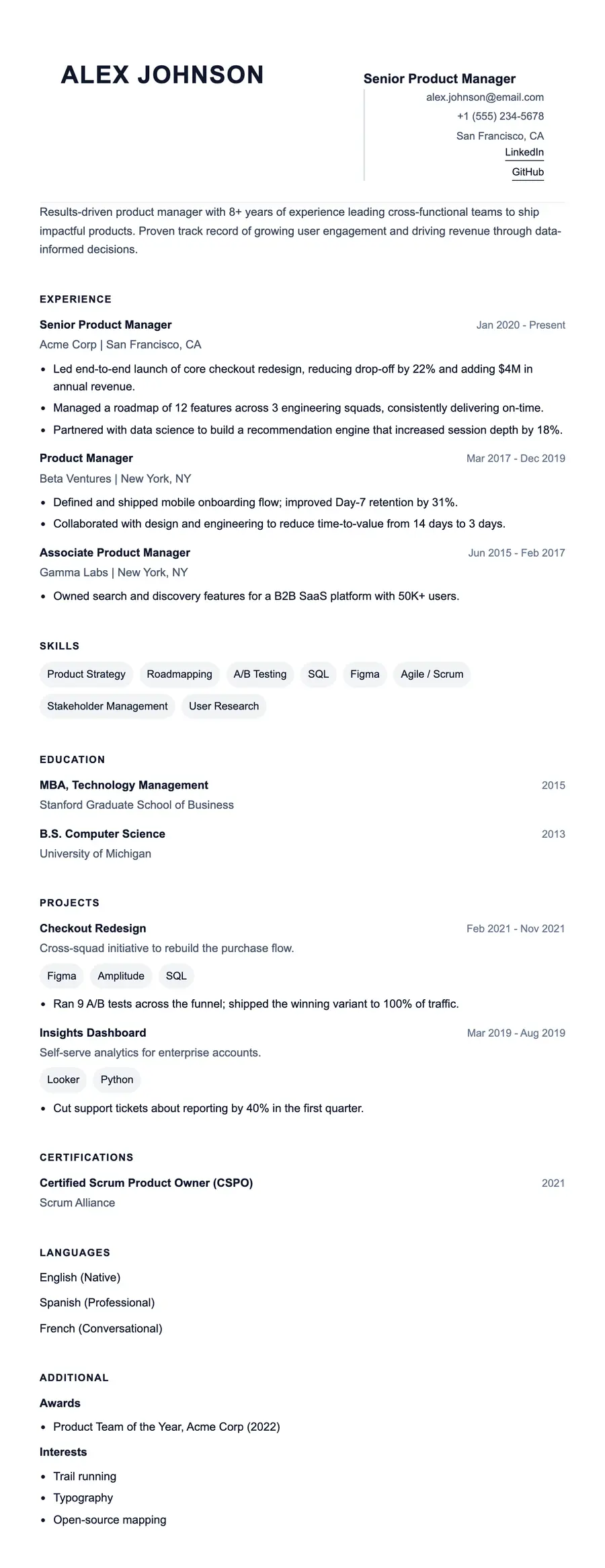 Folio resume template, shown full size