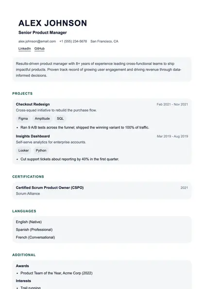 Garamond resume template preview