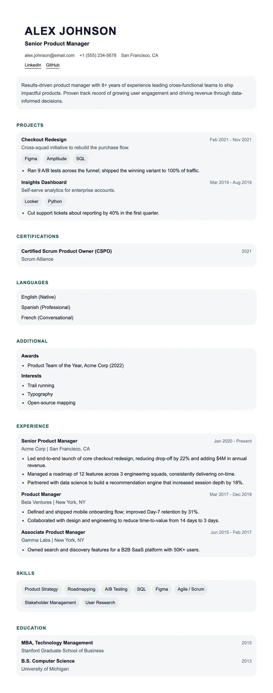 Garamond resume template, shown full size