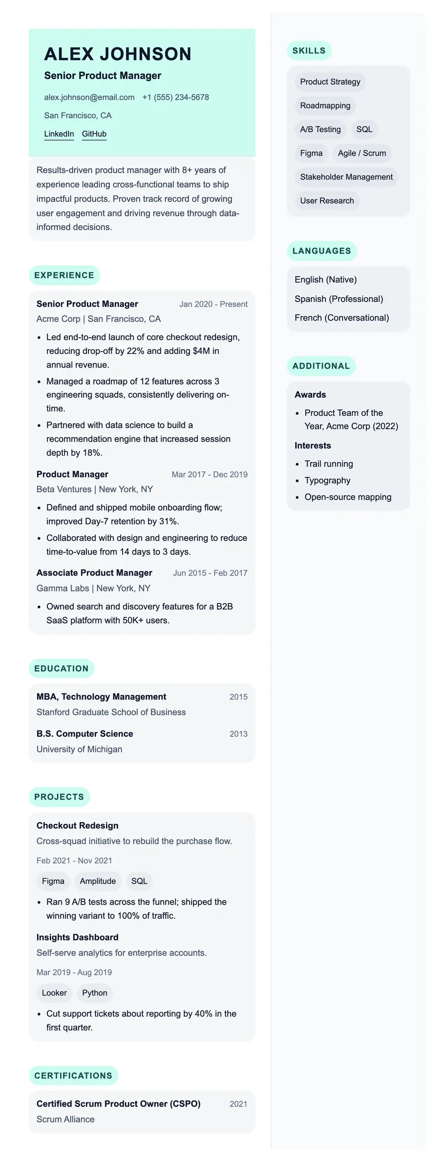 Grid resume template, shown full size