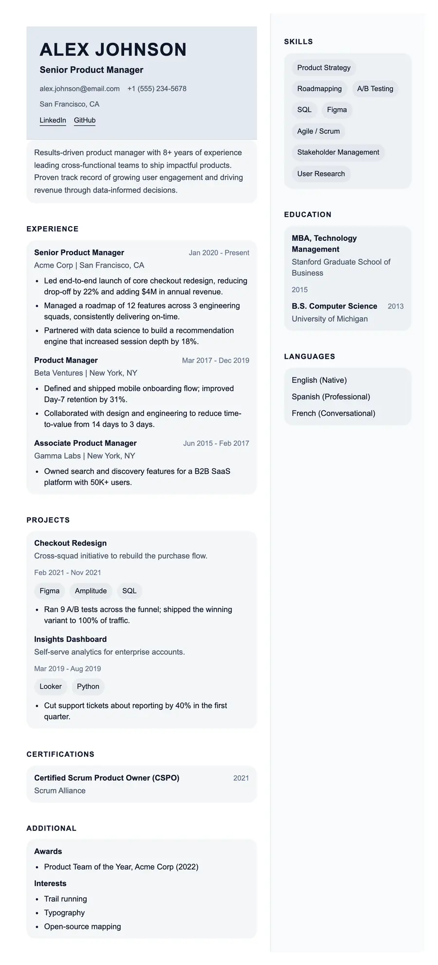 Legacy resume template, shown full size