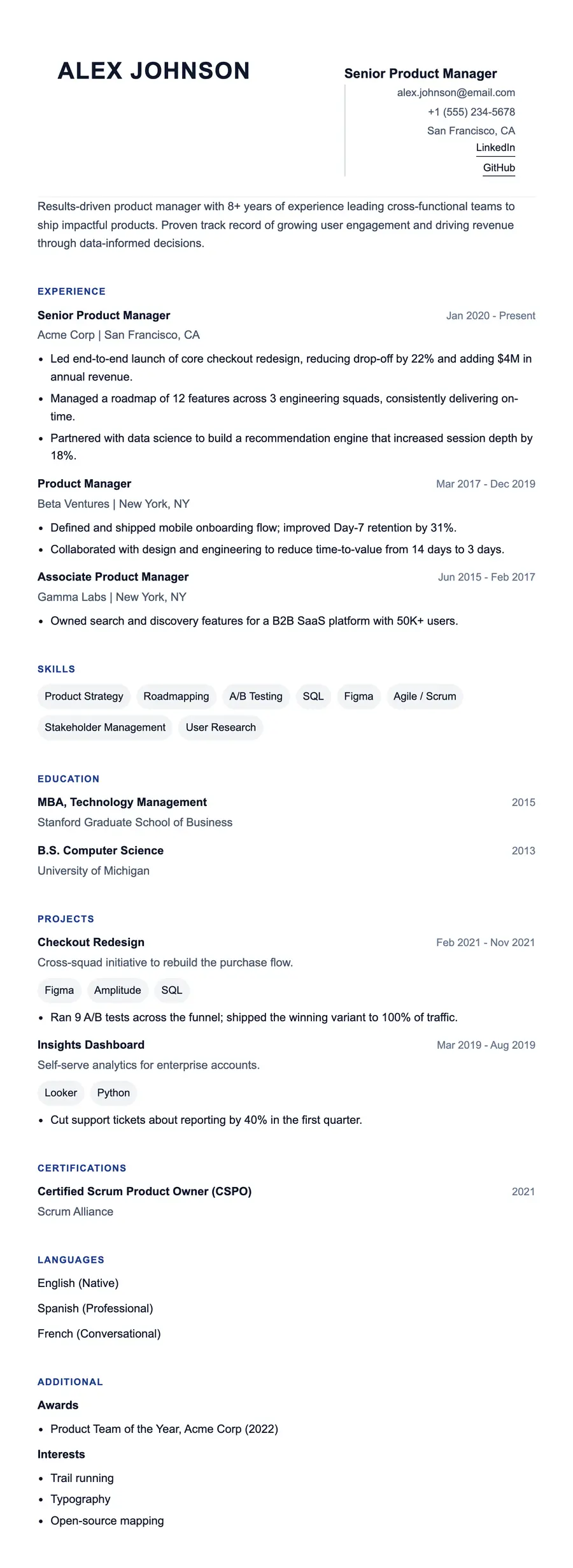 Module resume template, shown full size
