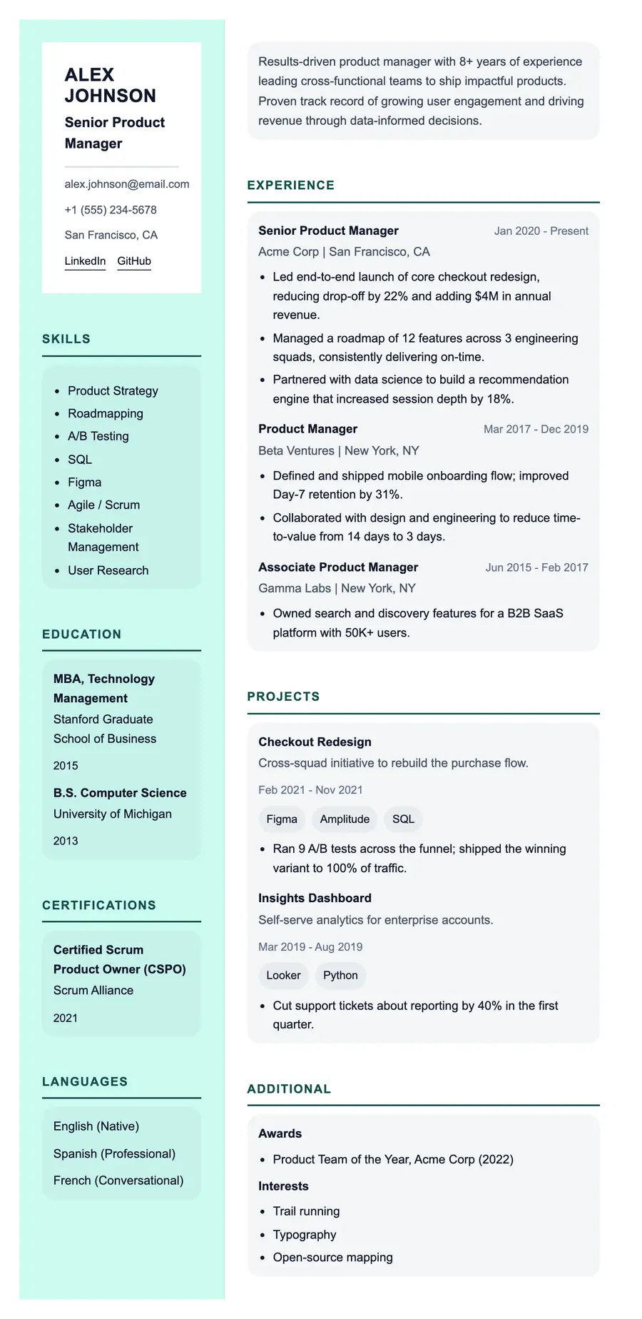 Momentum resume template, shown full size