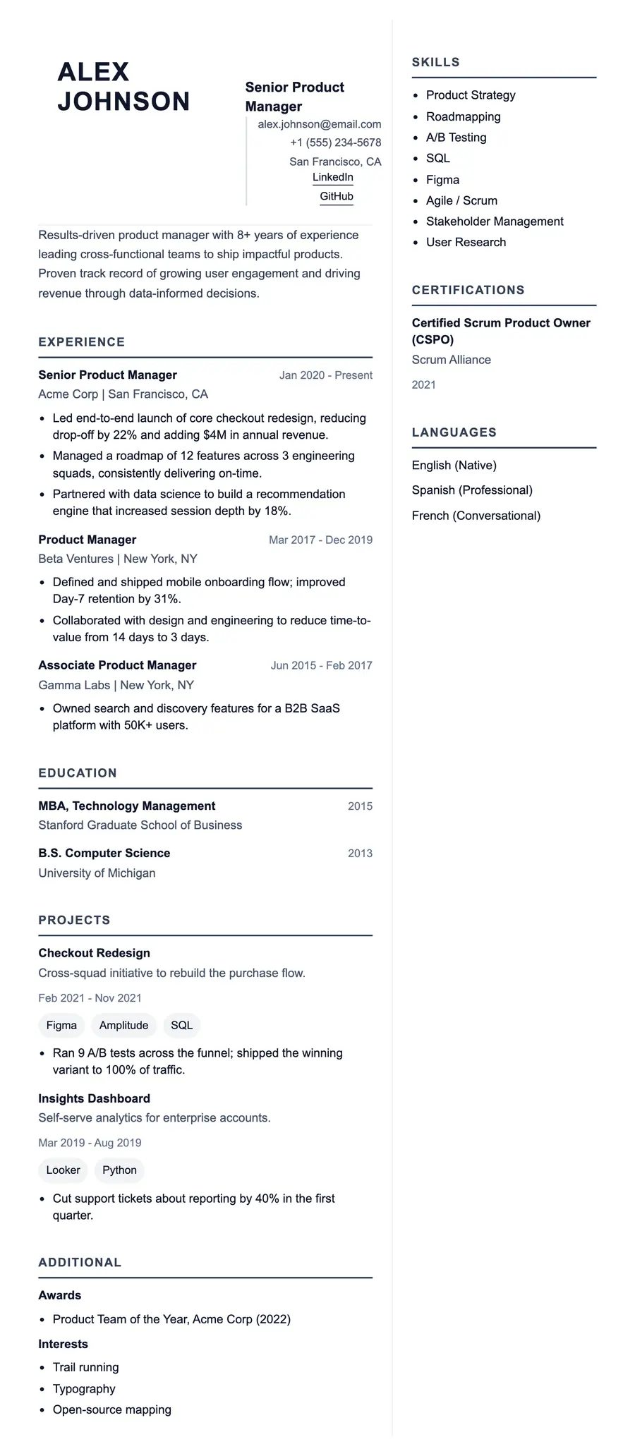 Obsidian resume template, shown full size