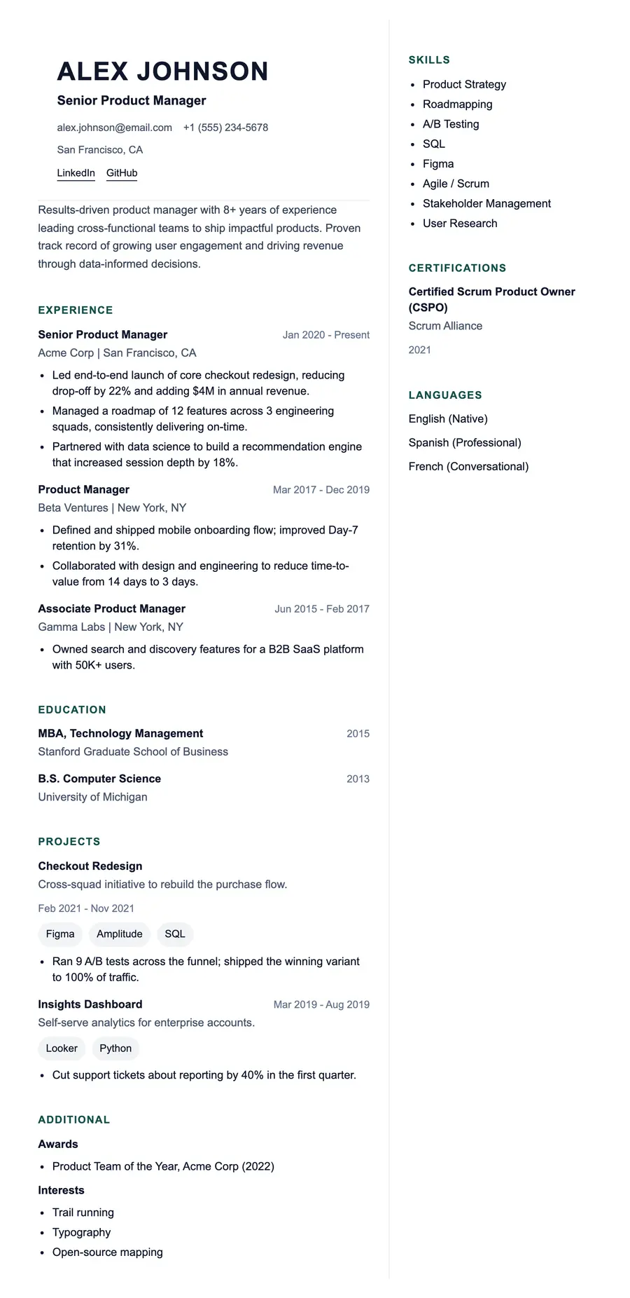 Orbit resume template, shown full size