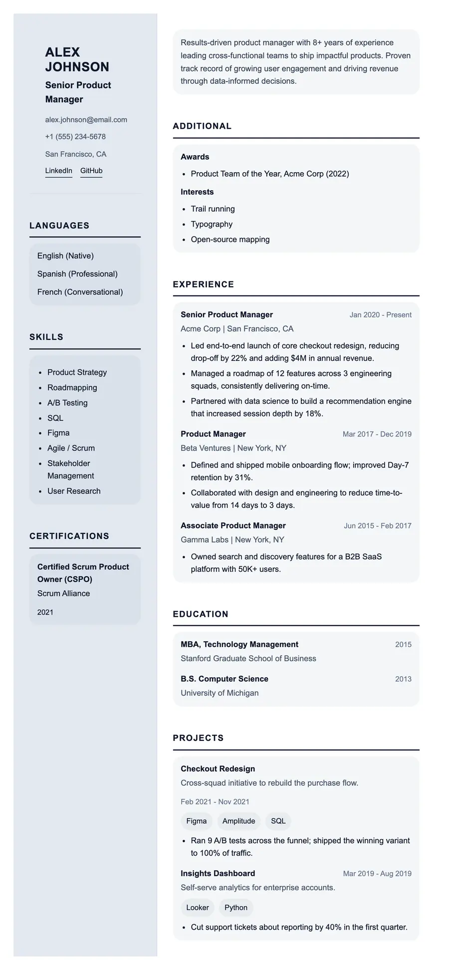Pragma resume template, shown full size