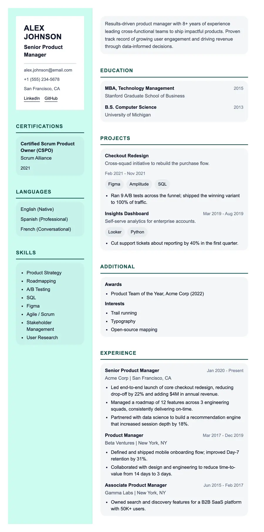 Runtime resume template, shown full size