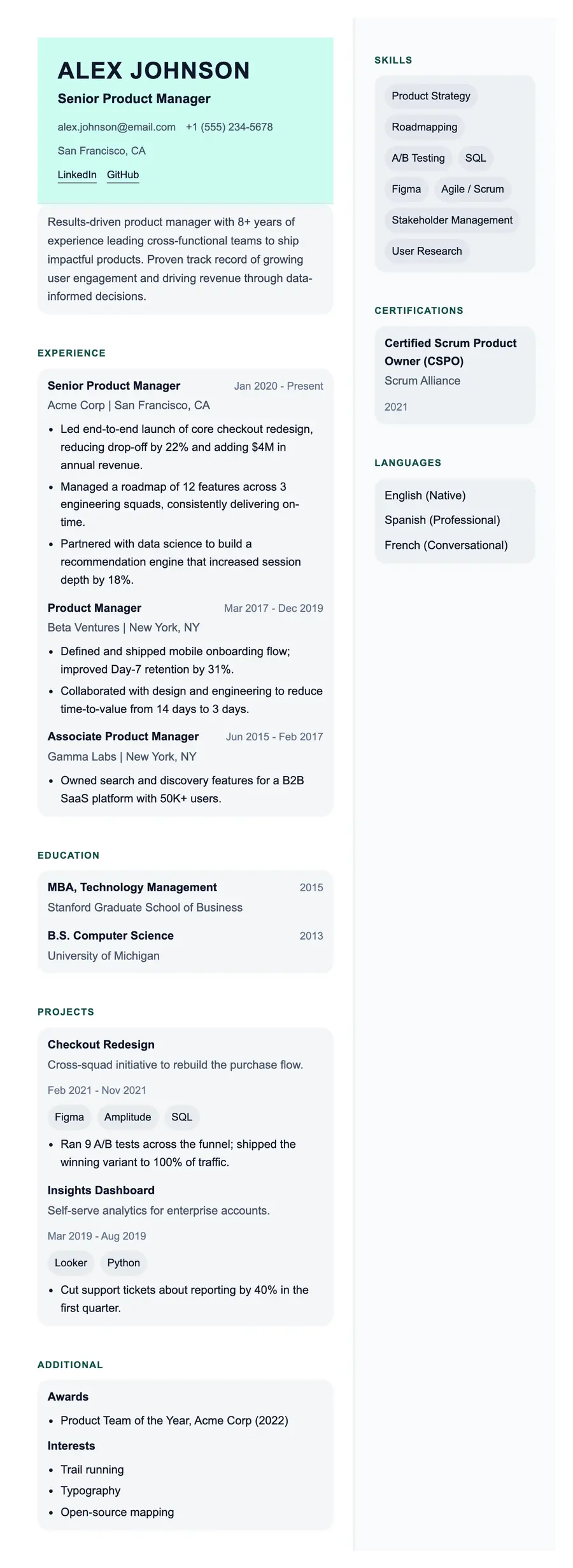 Saturate resume template, shown full size