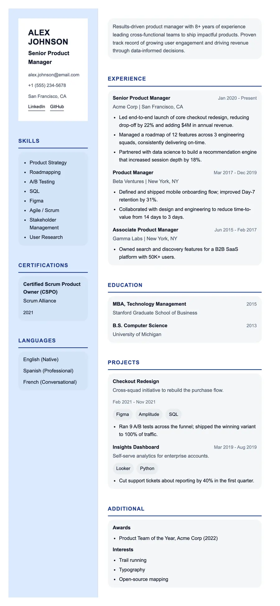 Sequence resume template, shown full size