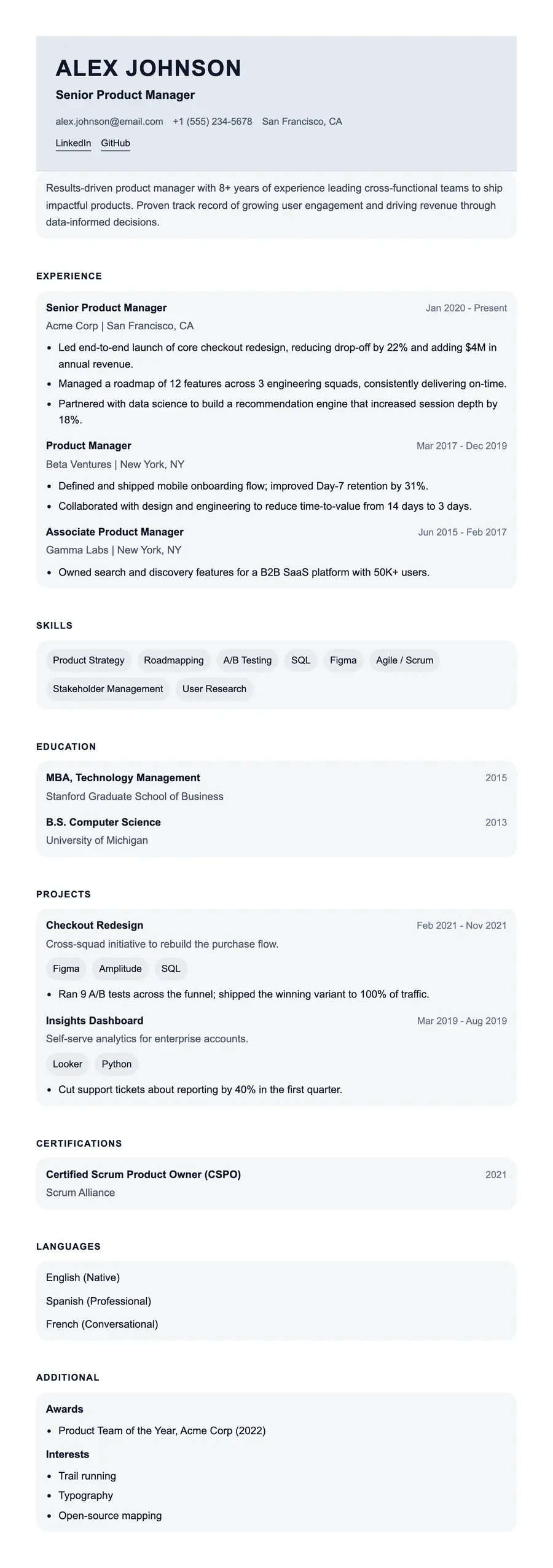 Sovereign resume template, shown full size