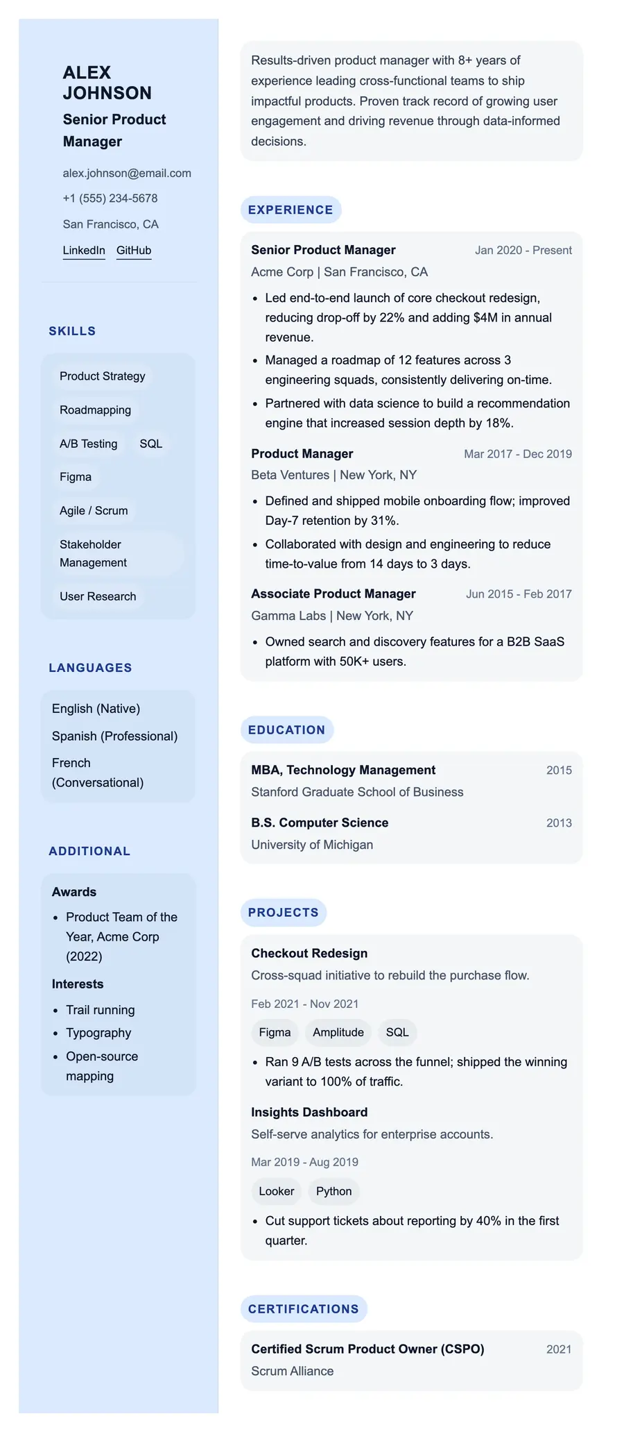 Stack resume template, shown full size