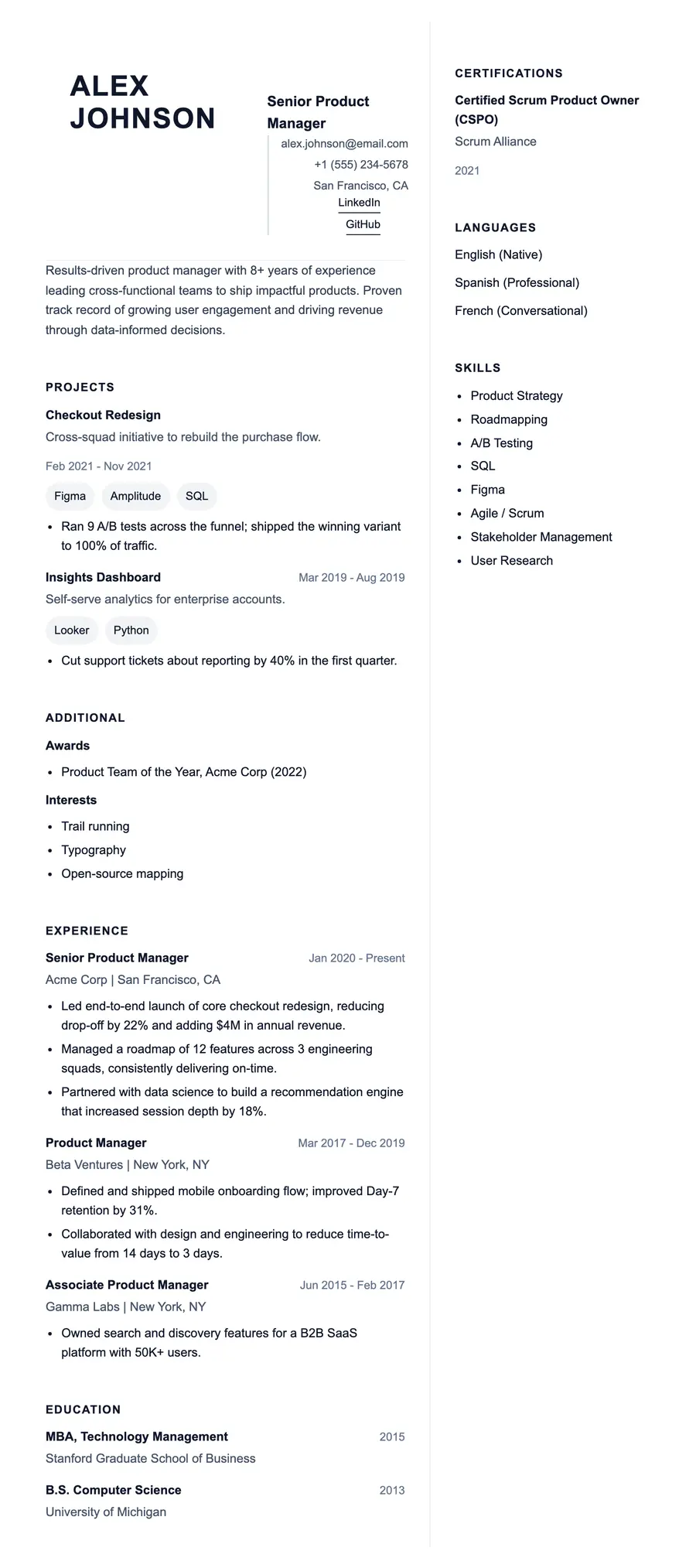 Tempo resume template, shown full size
