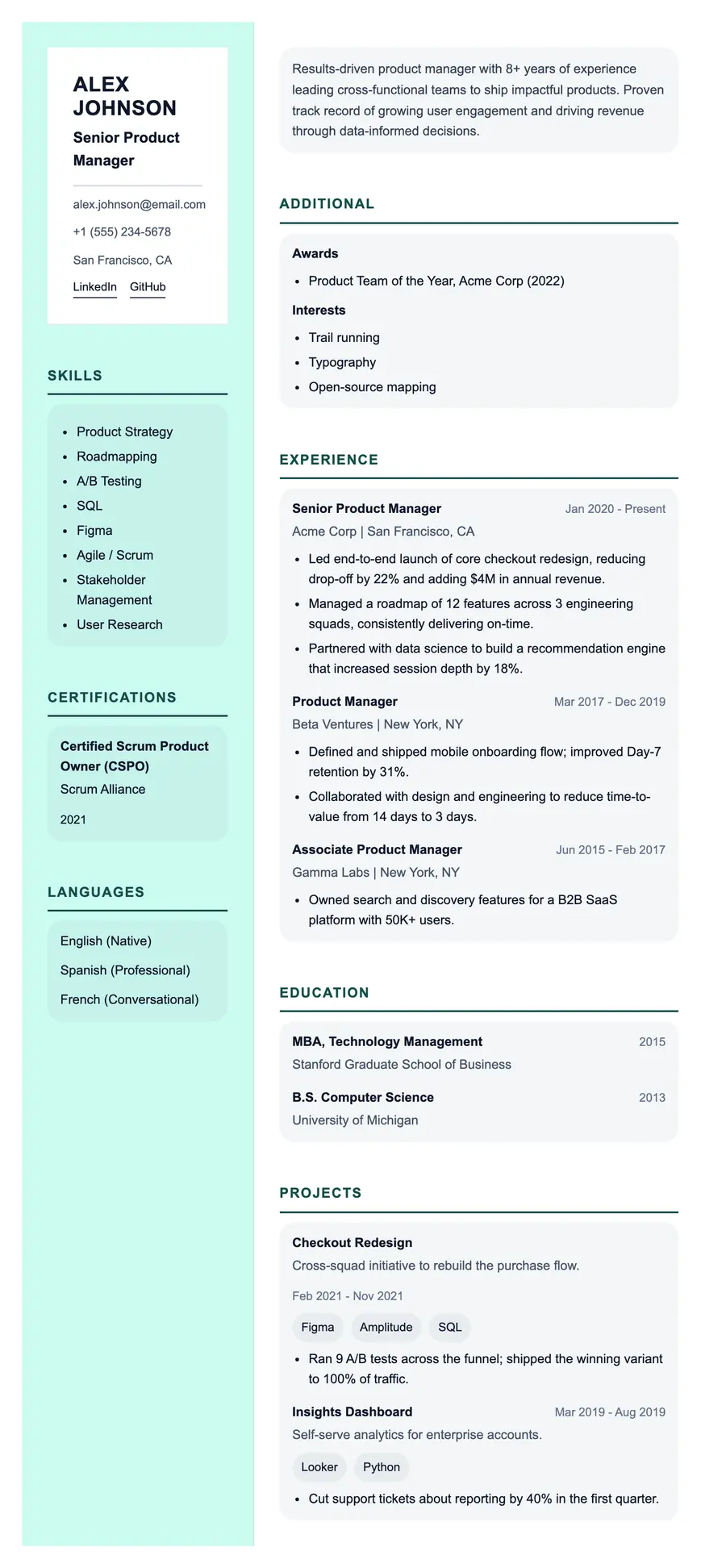 Terminal resume template, shown full size