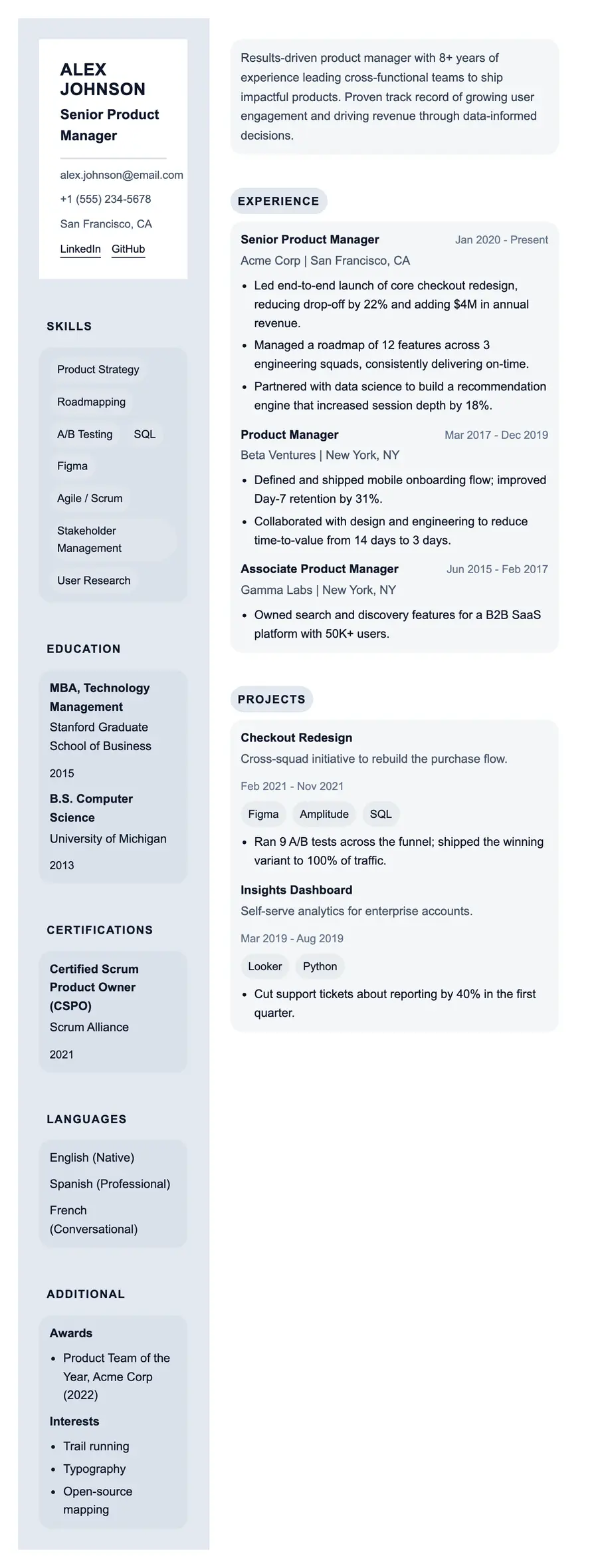 The Attaché resume template, shown full size
