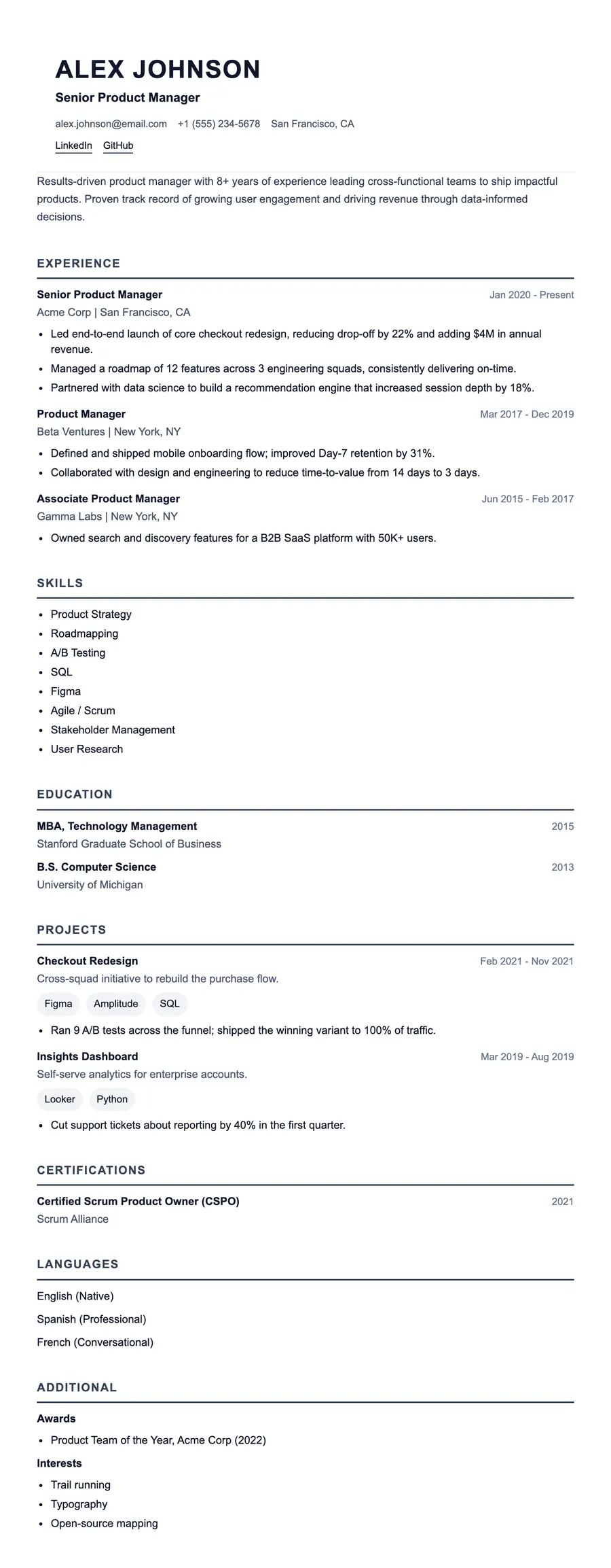 The Chronicle resume template, shown full size
