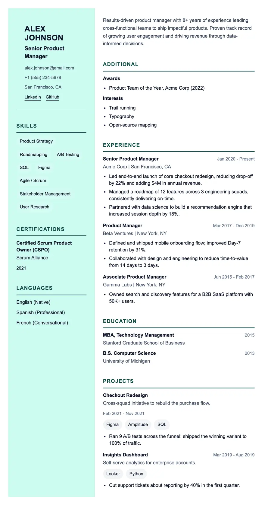 The Marquis resume template, shown full size