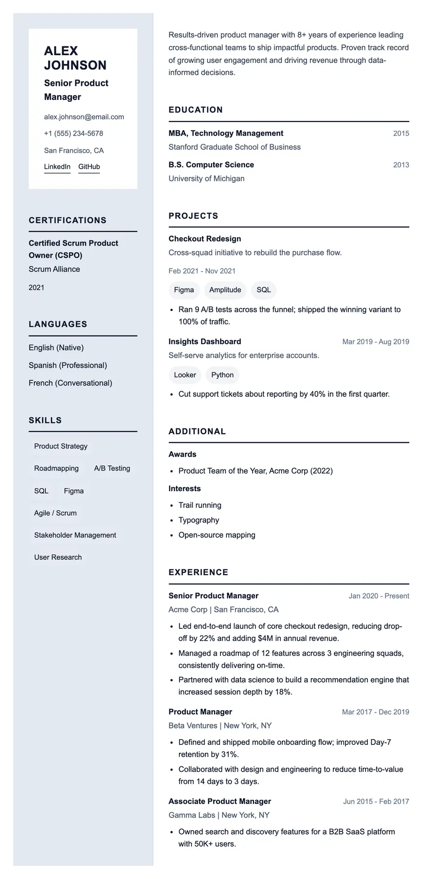 The Prefect resume template, shown full size