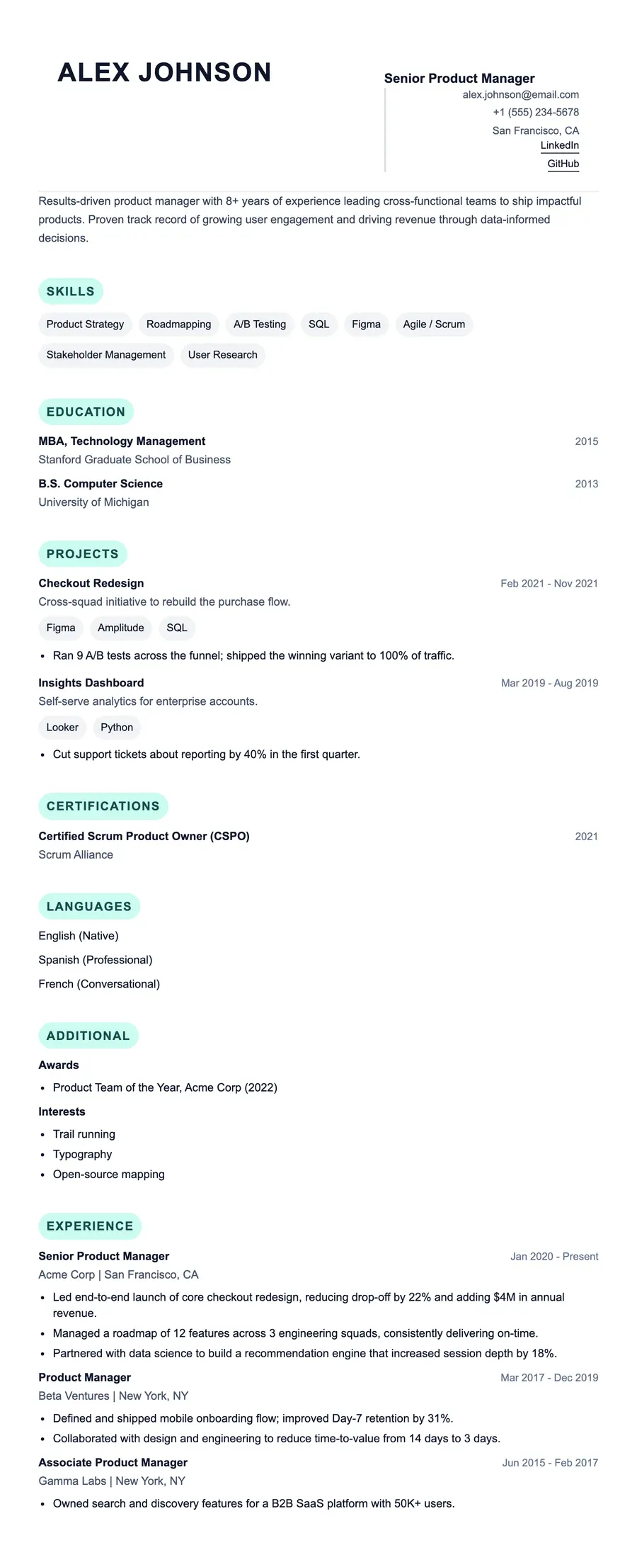 Thin resume template, shown full size