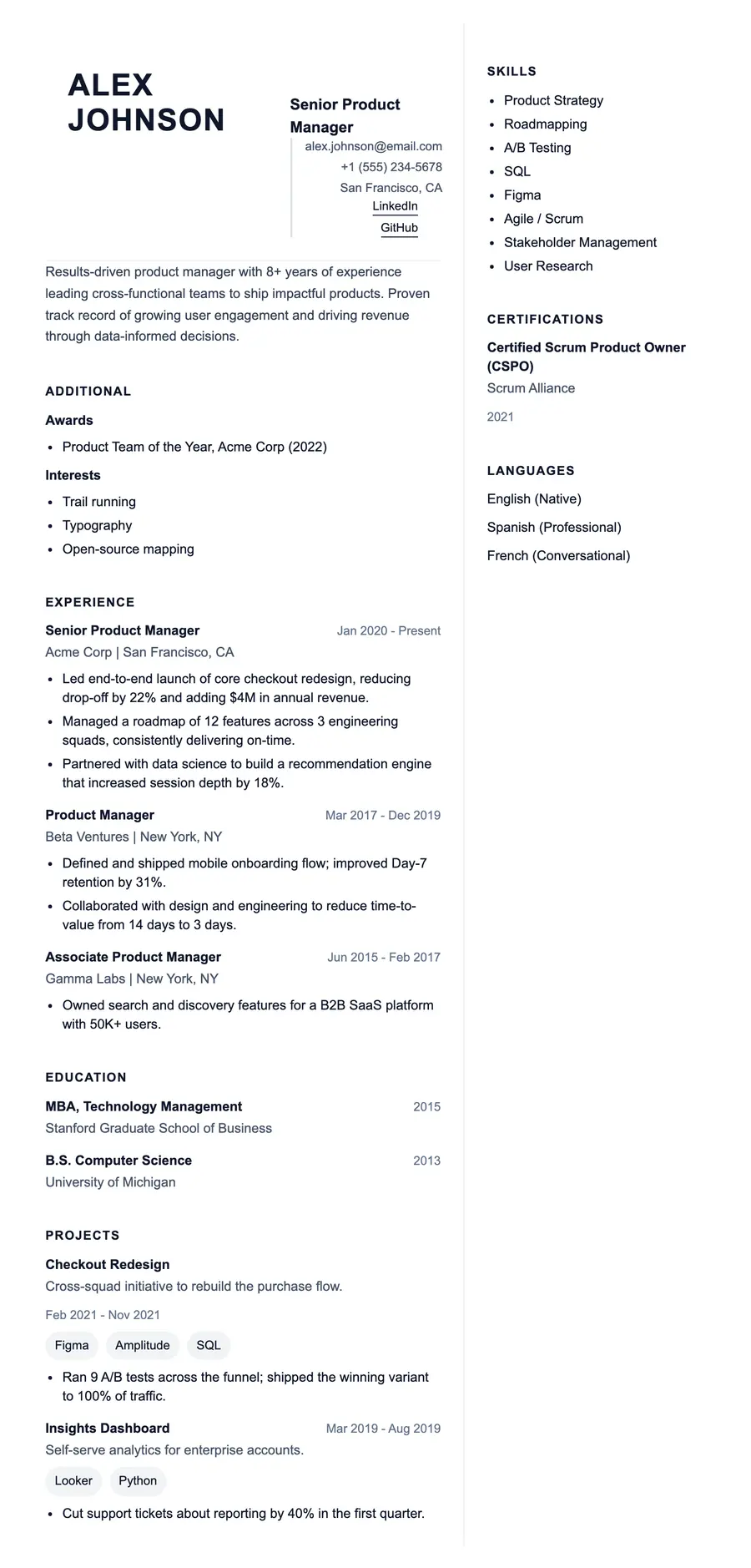 Vector resume template, shown full size